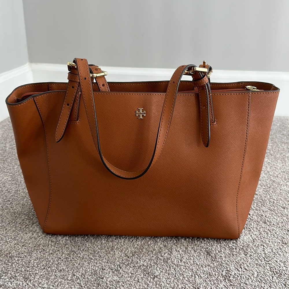 Tory Burch Tan Saffiano Leather Tote with Gold Logo